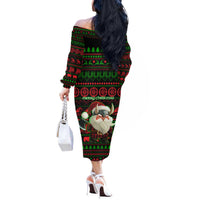 Viking Christmas Off The Shoulder Long Sleeve Dress with Santa Warrior Axe Nordic Symbols Red Green Black Knit Pattern Design - Wonder Print Shop