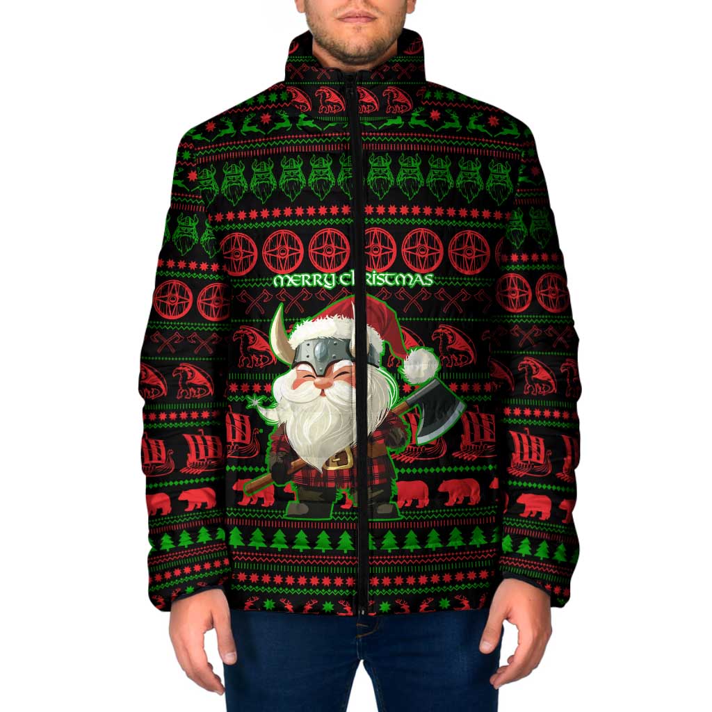Viking Christmas Padded Jacket with Santa Warrior Axe Nordic Symbols Red Green Black Knit Pattern Design - Wonder Print Shop