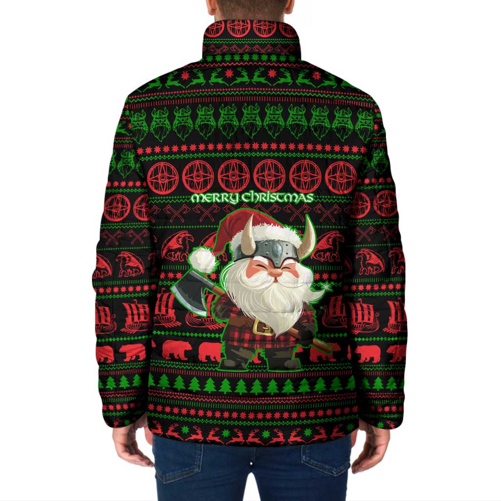Viking Christmas Padded Jacket with Santa Warrior Axe Nordic Symbols Red Green Black Knit Pattern Design - Wonder Print Shop