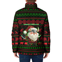 Viking Christmas Padded Jacket with Santa Warrior Axe Nordic Symbols Red Green Black Knit Pattern Design - Wonder Print Shop