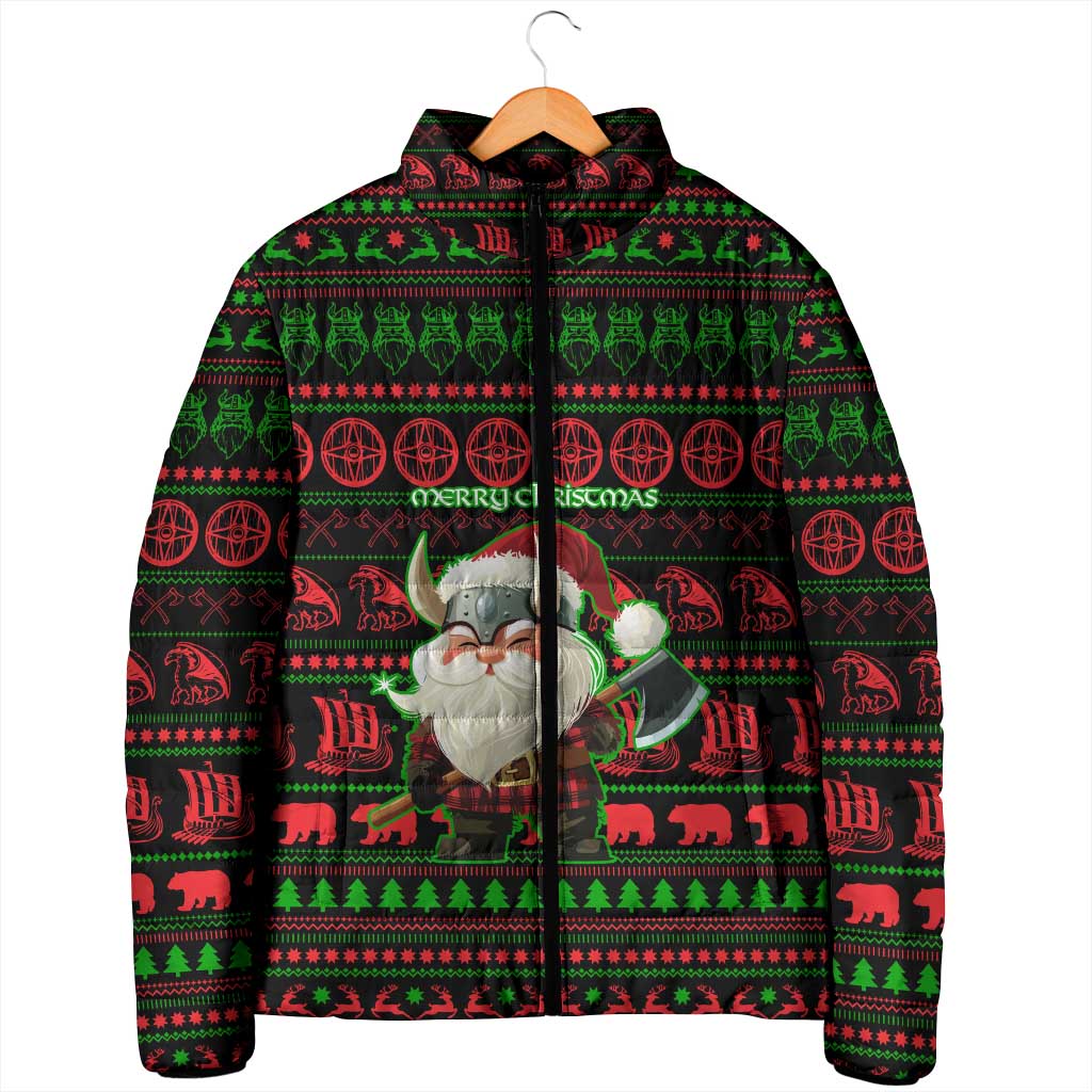 Viking Christmas Padded Jacket with Santa Warrior Axe Nordic Symbols Red Green Black Knit Pattern Design - Wonder Print Shop