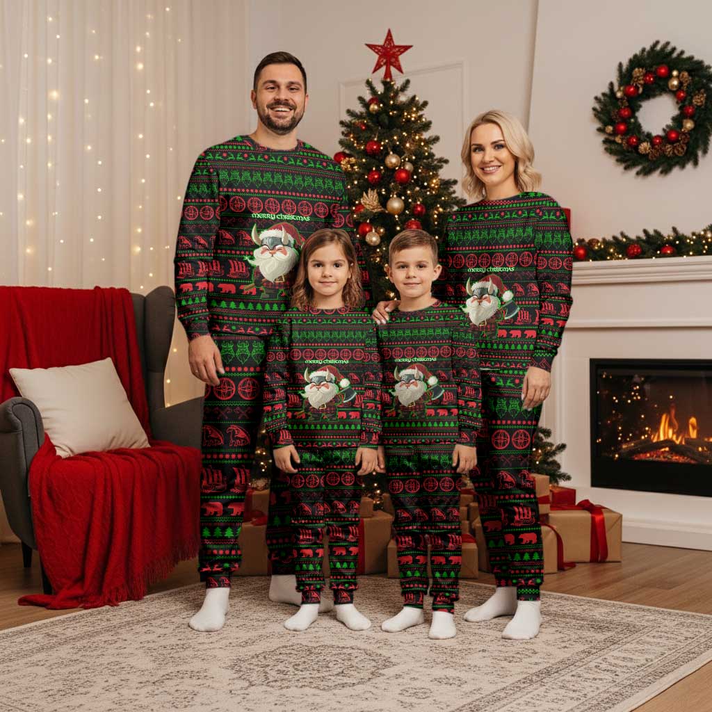 Viking Christmas Pajama Set with Santa Warrior Axe Nordic Symbols Red Green Black Knit Pattern Design - Wonder Print Shop