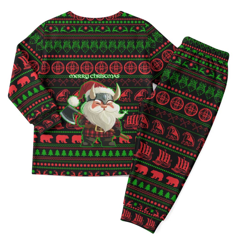 Viking Christmas Pajama Set with Santa Warrior Axe Nordic Symbols Red Green Black Knit Pattern Design - Wonder Print Shop