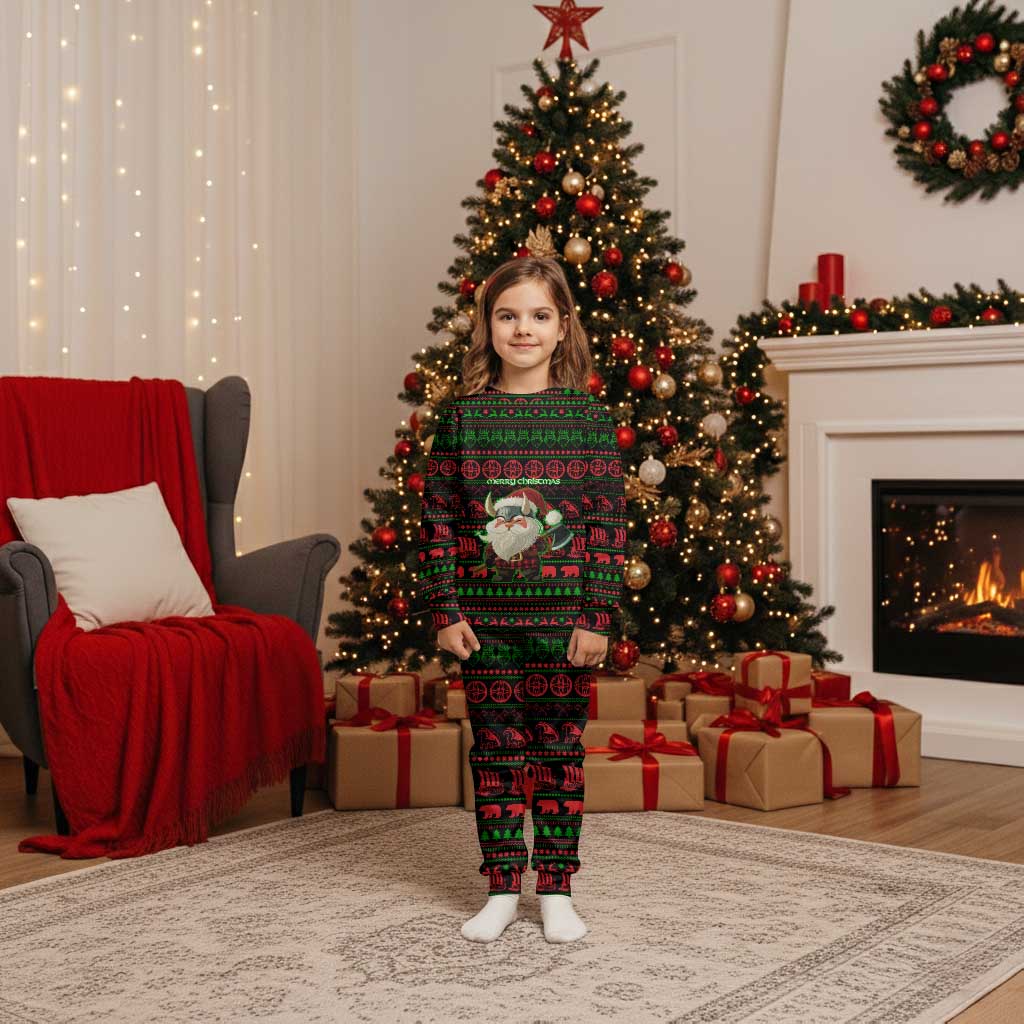 Viking Christmas Pajama Set with Santa Warrior Axe Nordic Symbols Red Green Black Knit Pattern Design - Wonder Print Shop