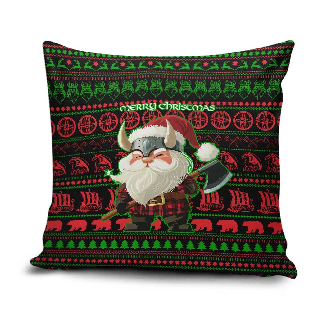 Viking Christmas Pillow Cover with Santa Warrior Axe Nordic Symbols Red Green Black Knit Pattern Design - Wonder Print Shop