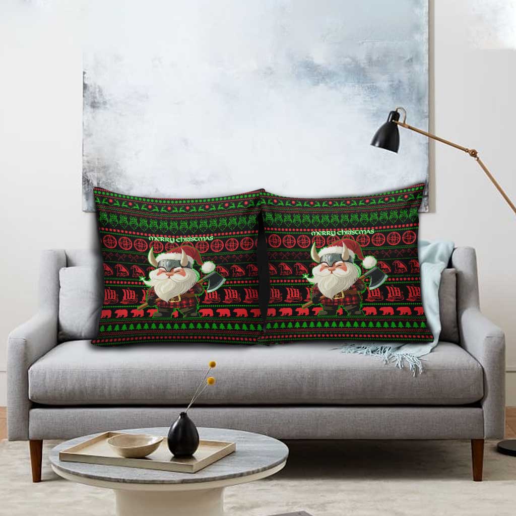 Viking Christmas Pillow Cover with Santa Warrior Axe Nordic Symbols Red Green Black Knit Pattern Design - Wonder Print Shop