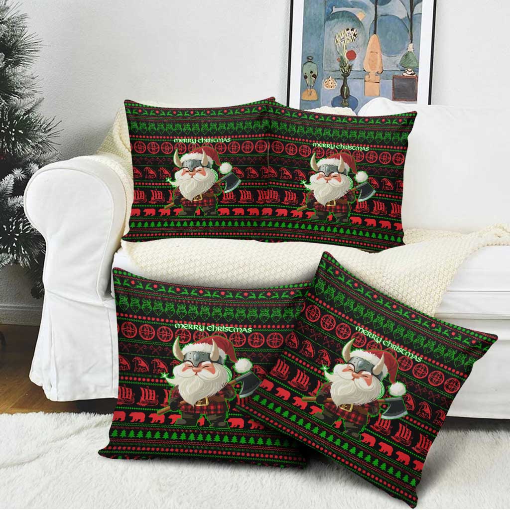 Viking Christmas Pillow Cover with Santa Warrior Axe Nordic Symbols Red Green Black Knit Pattern Design - Wonder Print Shop