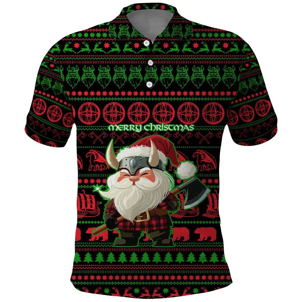Viking Christmas Polo Shirt with Santa Warrior Axe Nordic Symbols Red Green Black Knit Pattern Design - Wonder Print Shop