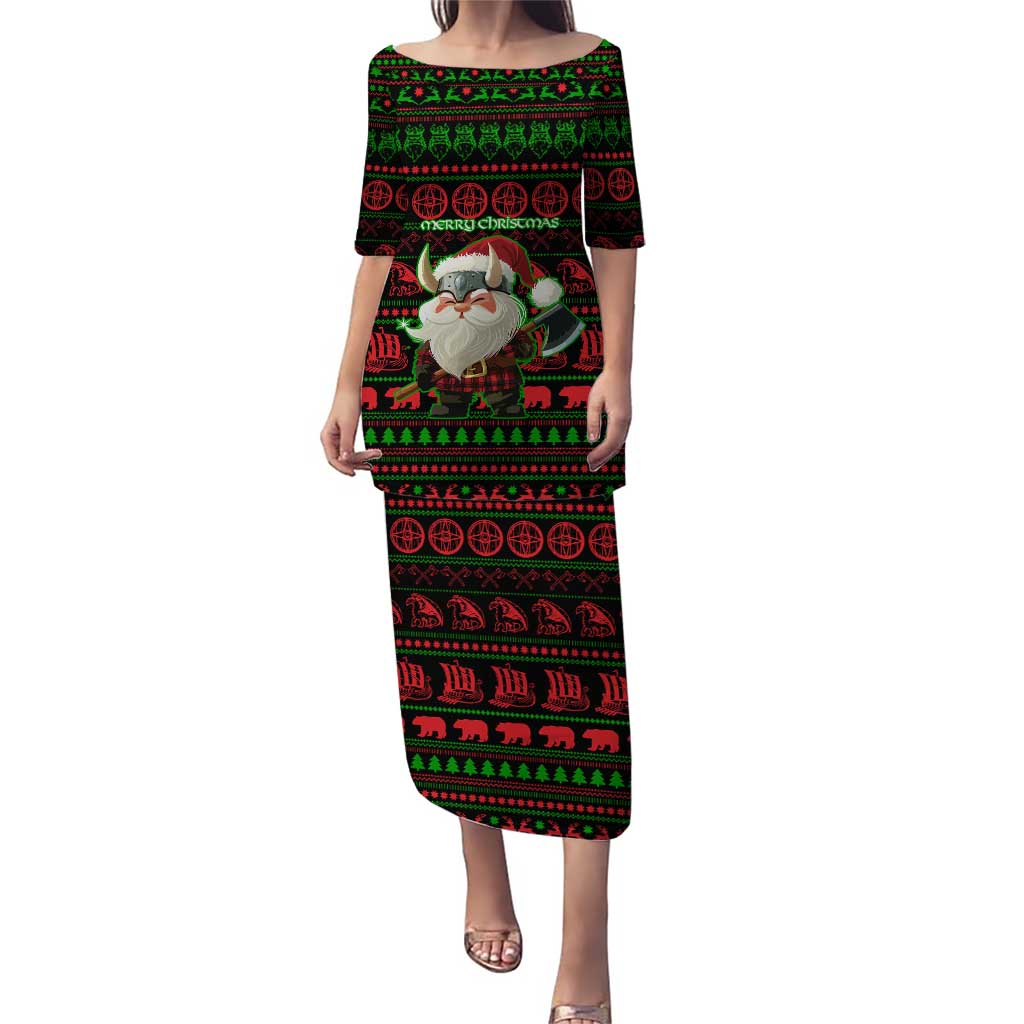 Viking Christmas Puletasi with Santa Warrior Axe Nordic Symbols Red Green Black Knit Pattern Design - Wonder Print Shop