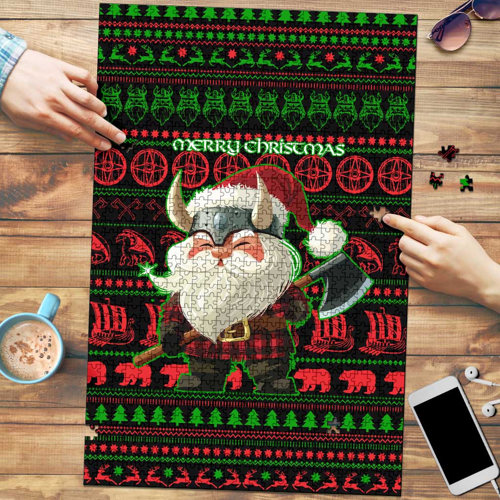 Viking Christmas Puzzle with Santa Warrior Axe Nordic Symbols Red Green Black Knit Pattern Design - Wonder Print Shop