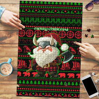Viking Christmas Puzzle with Santa Warrior Axe Nordic Symbols Red Green Black Knit Pattern Design - Wonder Print Shop