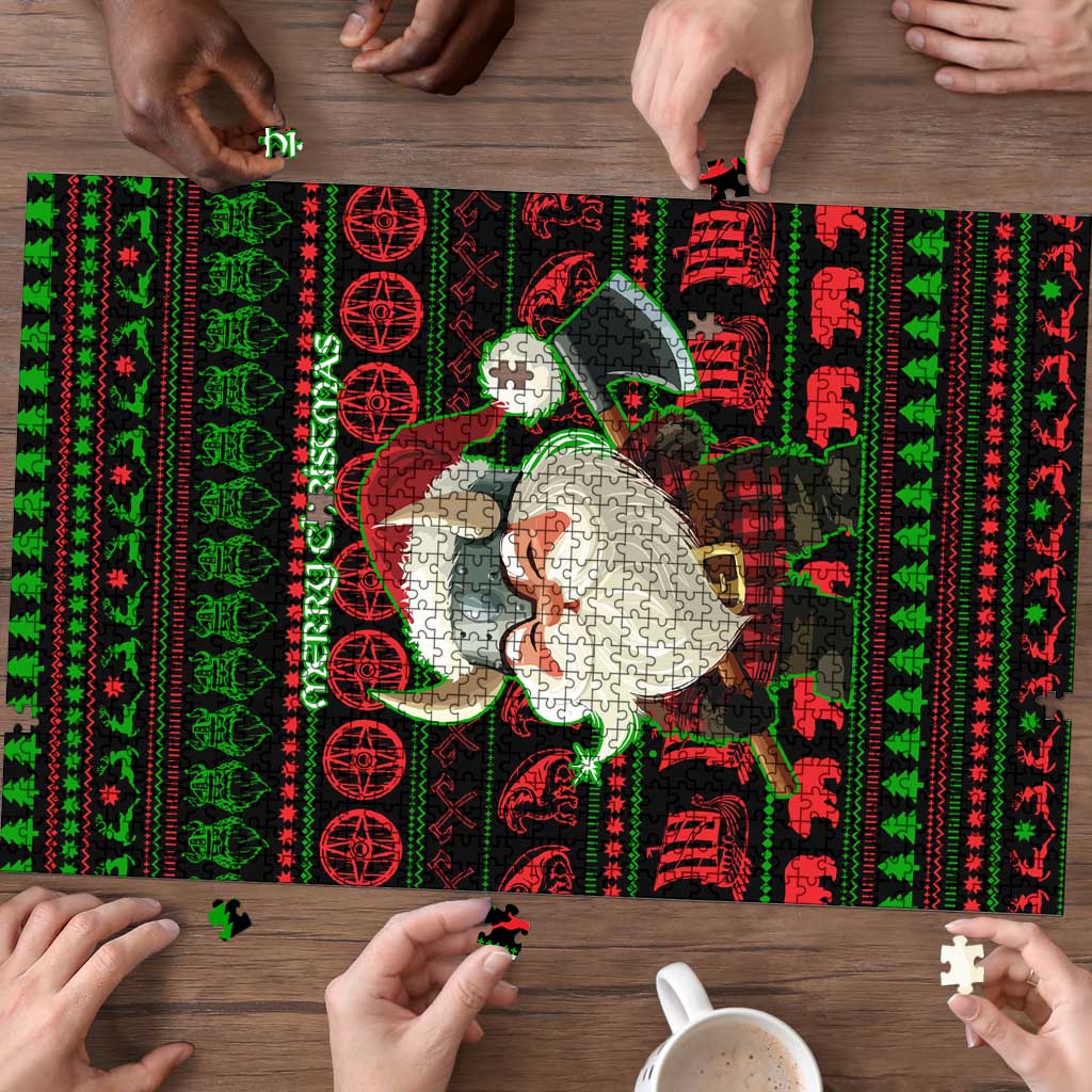 Viking Christmas Puzzle with Santa Warrior Axe Nordic Symbols Red Green Black Knit Pattern Design - Wonder Print Shop