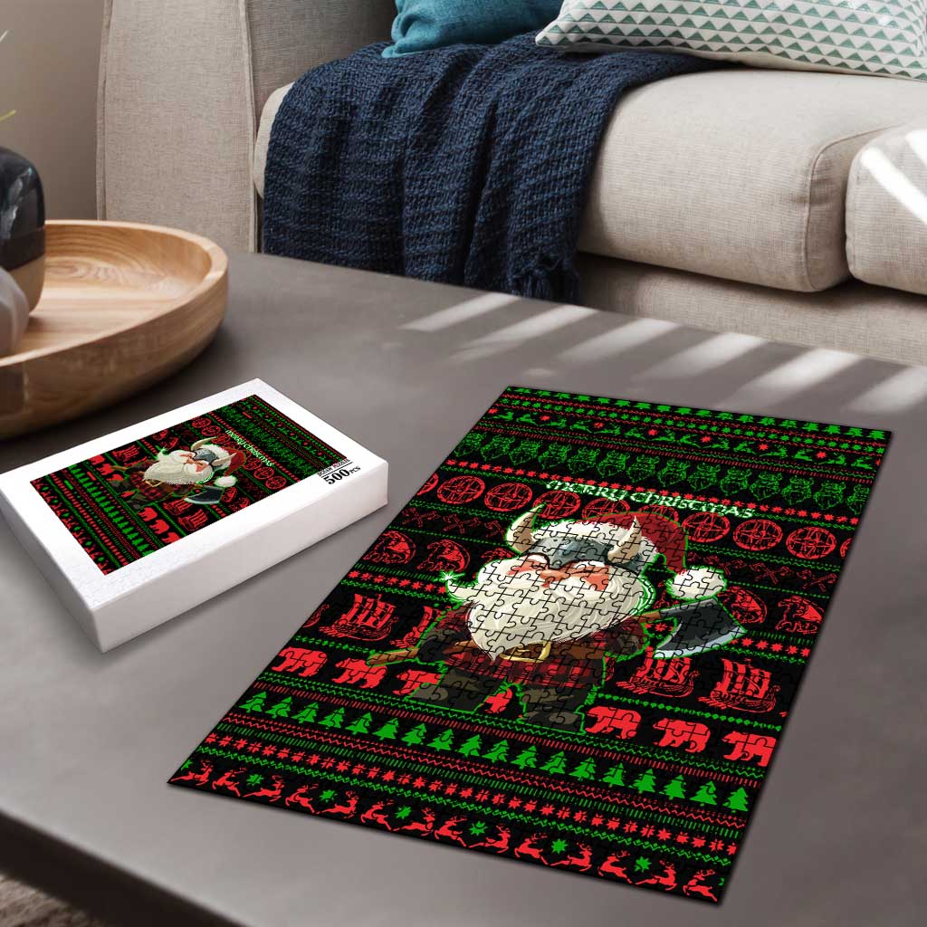 Viking Christmas Puzzle with Santa Warrior Axe Nordic Symbols Red Green Black Knit Pattern Design - Wonder Print Shop