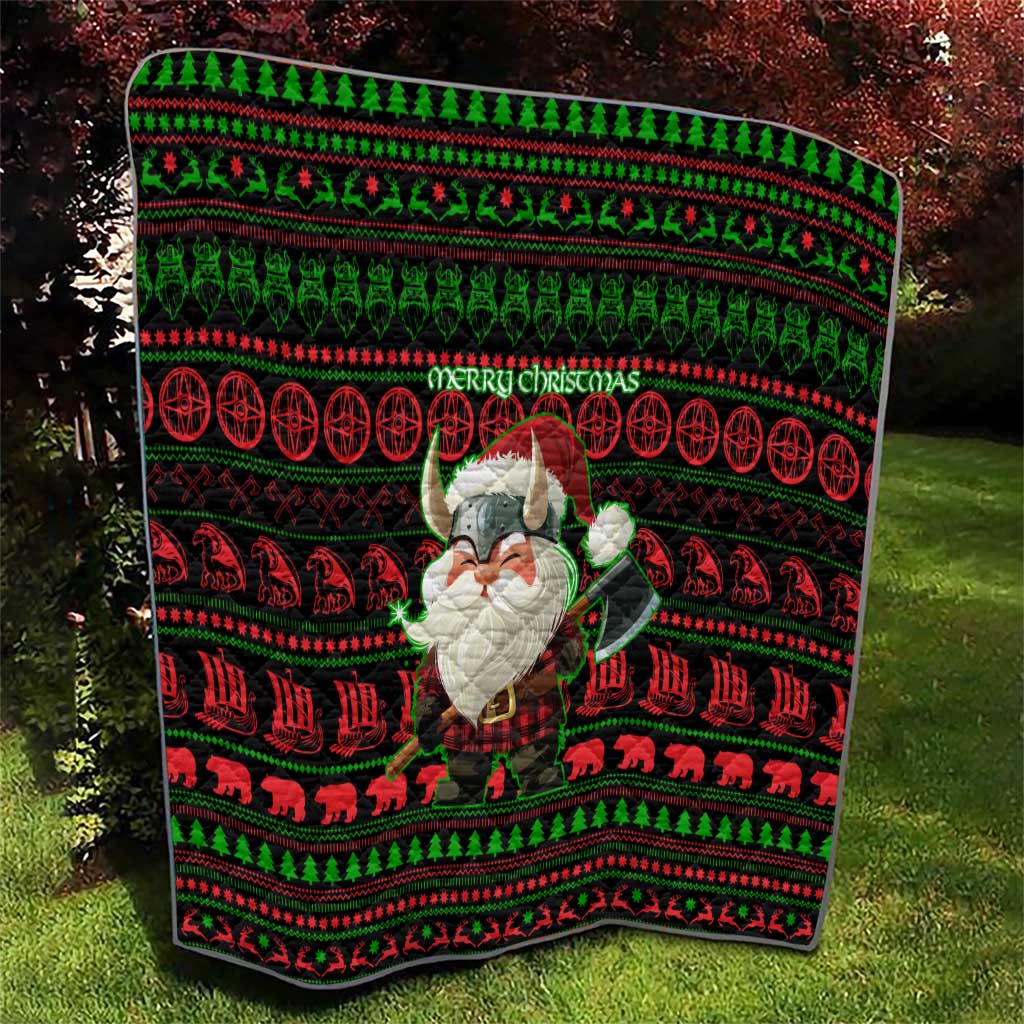 Viking Christmas Quilt with Santa Warrior Axe Nordic Symbols Red Green Black Knit Pattern Design - Wonder Print Shop