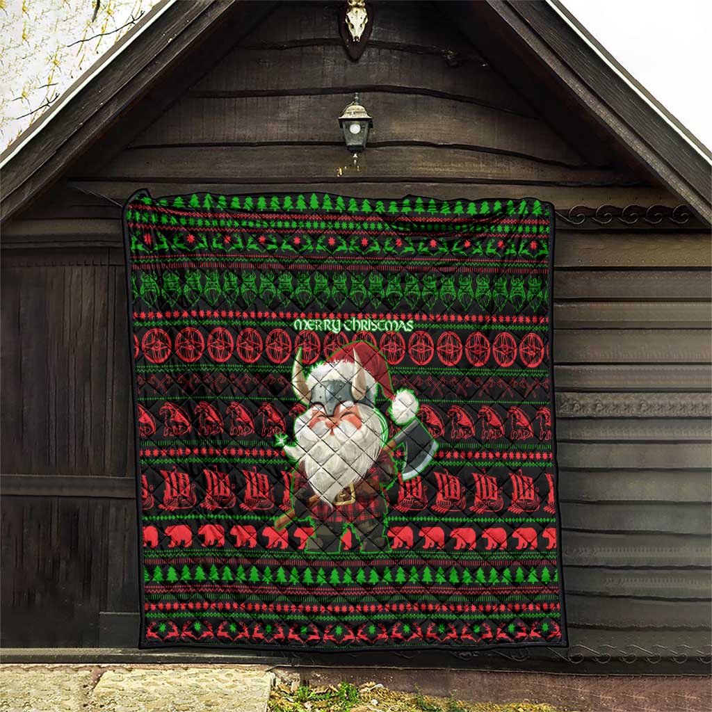 Viking Christmas Quilt with Santa Warrior Axe Nordic Symbols Red Green Black Knit Pattern Design - Wonder Print Shop