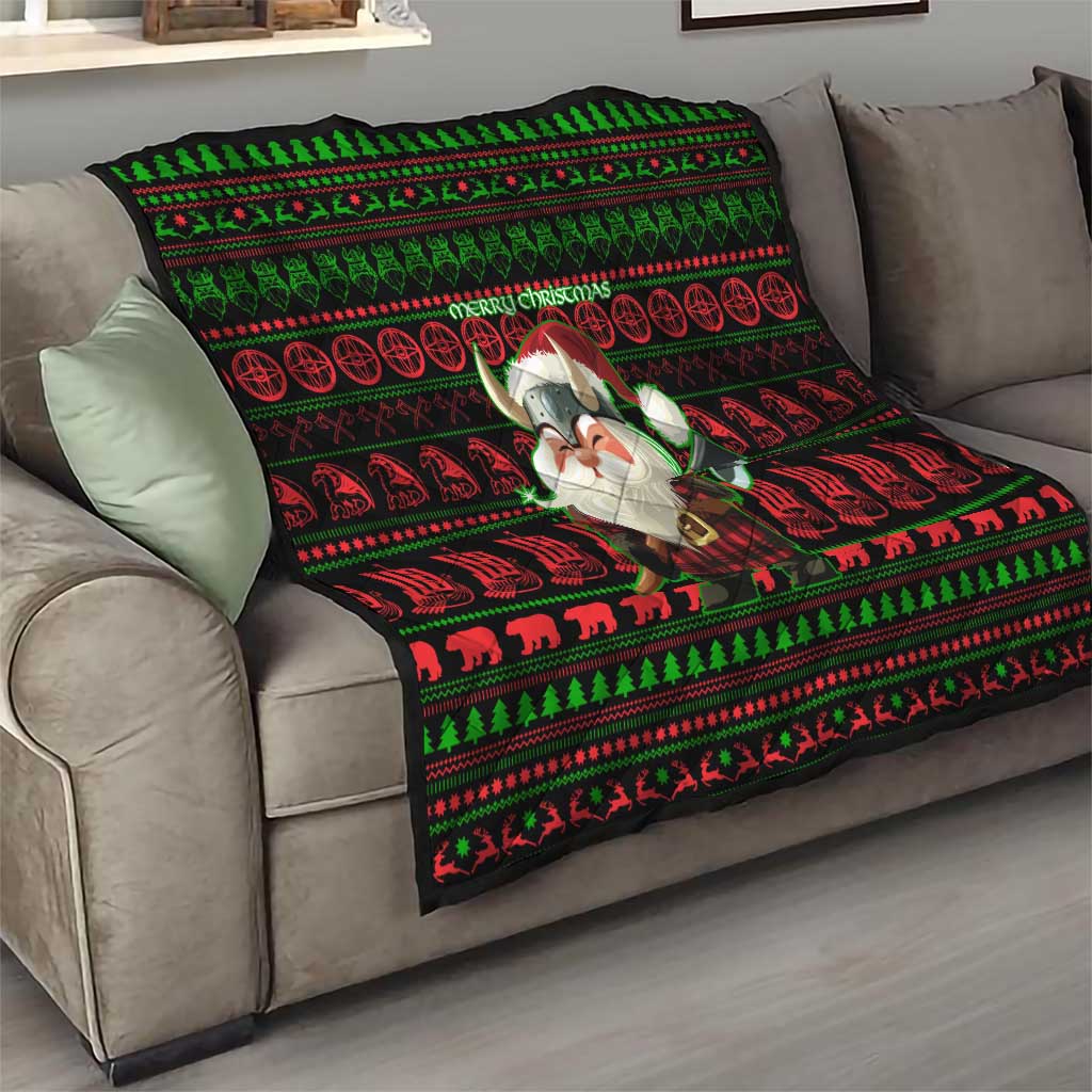 Viking Christmas Quilt with Santa Warrior Axe Nordic Symbols Red Green Black Knit Pattern Design - Wonder Print Shop