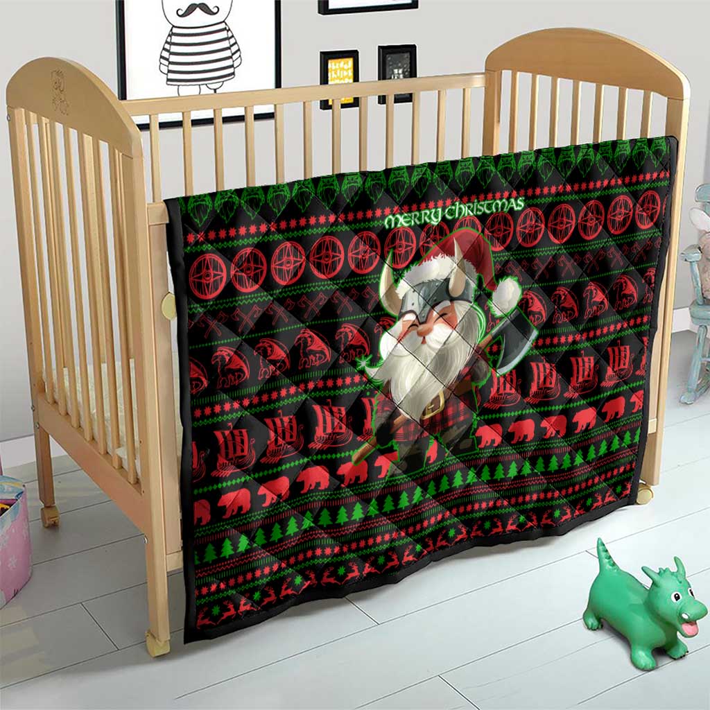 Viking Christmas Quilt with Santa Warrior Axe Nordic Symbols Red Green Black Knit Pattern Design - Wonder Print Shop