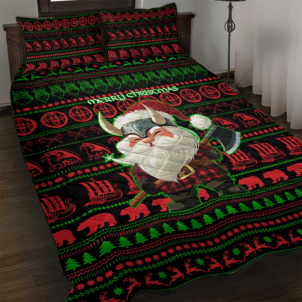 Viking Christmas Quilt Bed Set with Santa Warrior Axe Nordic Symbols Red Green Black Knit Pattern Design - Wonder Print Shop