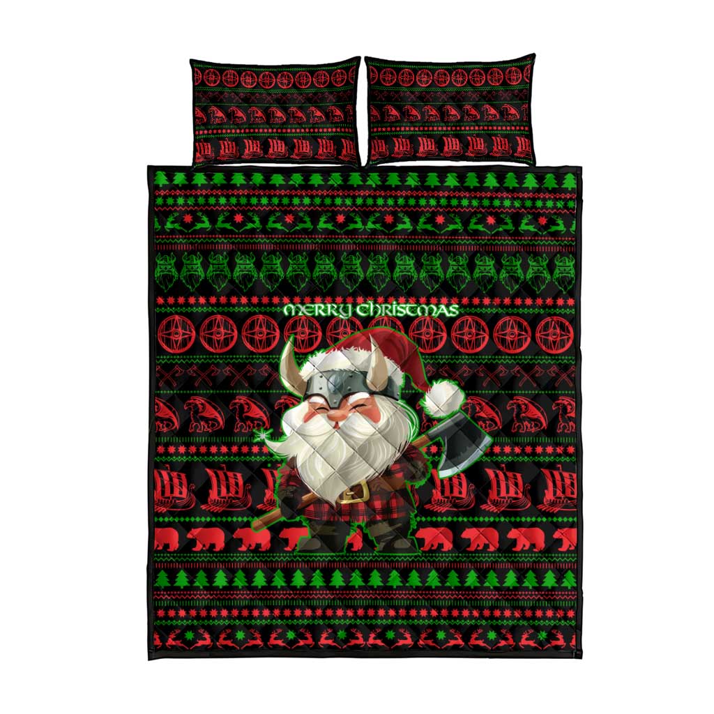 Viking Christmas Quilt Bed Set with Santa Warrior Axe Nordic Symbols Red Green Black Knit Pattern Design - Wonder Print Shop
