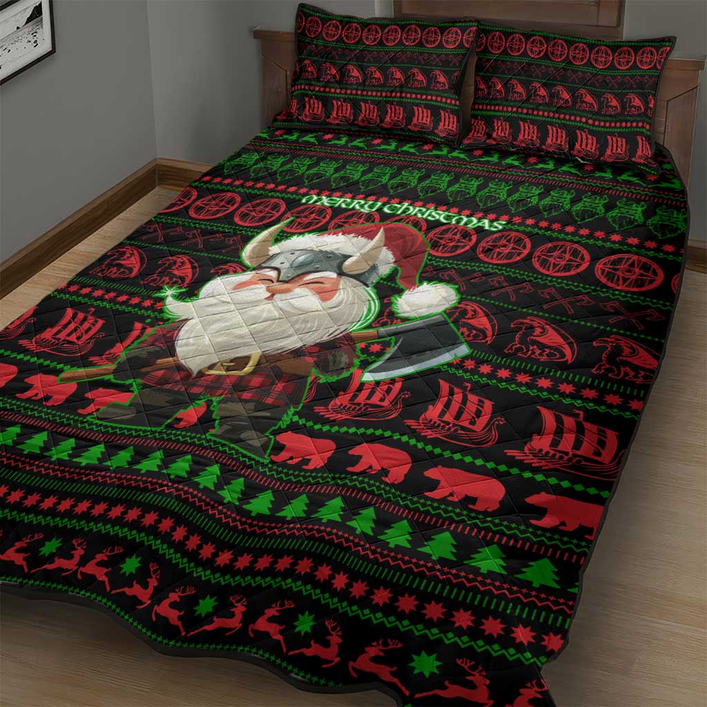 Viking Christmas Quilt Bed Set with Santa Warrior Axe Nordic Symbols Red Green Black Knit Pattern Design - Wonder Print Shop