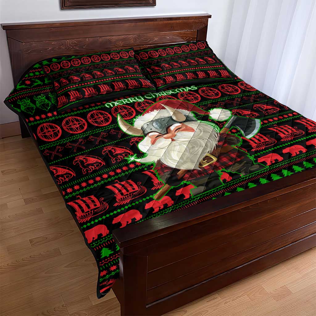 Viking Christmas Quilt Bed Set with Santa Warrior Axe Nordic Symbols Red Green Black Knit Pattern Design - Wonder Print Shop