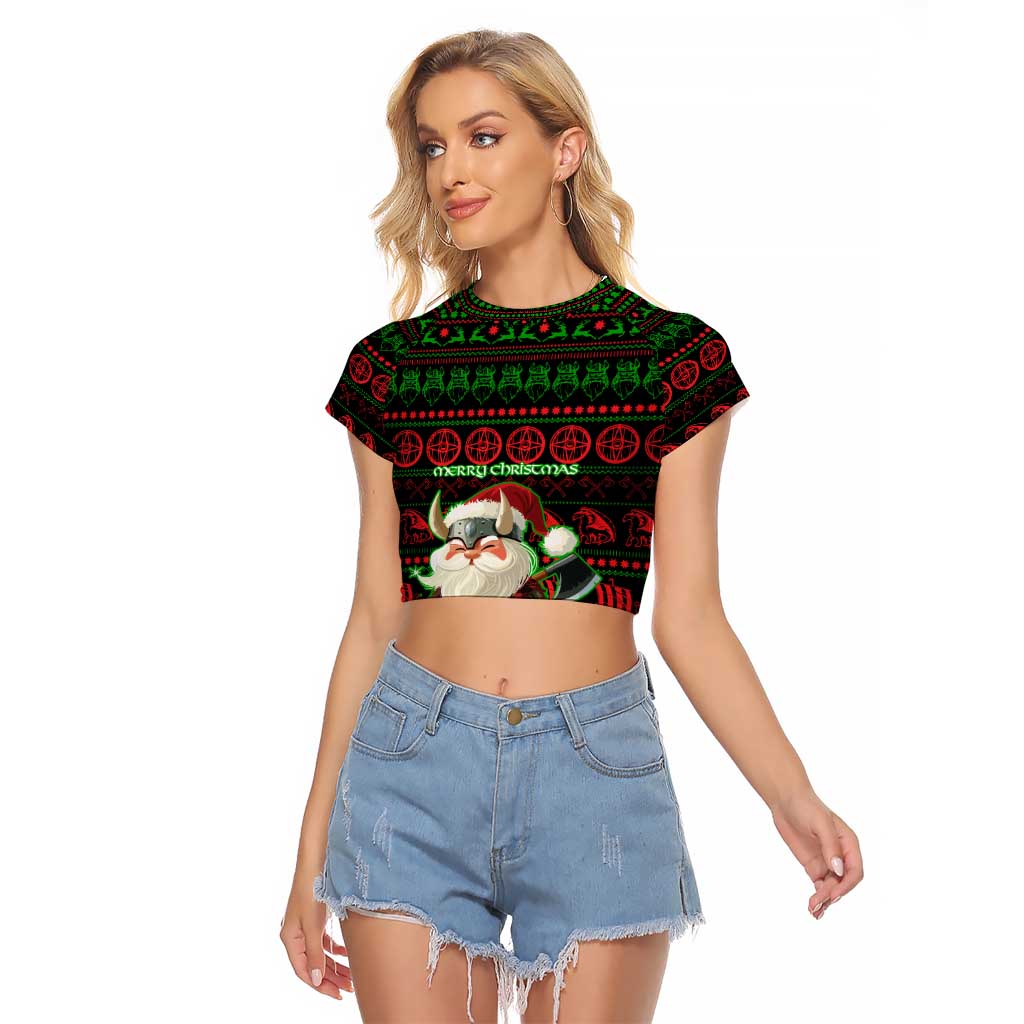 Viking Christmas Raglan Cropped T Shirt with Santa Warrior Axe Nordic Symbols Red Green Black Knit Pattern Design - Wonder Print Shop