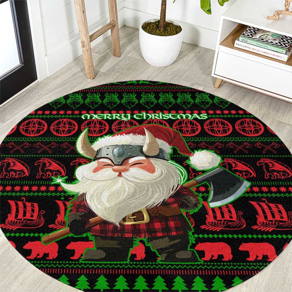 Viking Christmas Round Carpet with Santa Warrior Axe Nordic Symbols Red Green Black Knit Pattern Design - Wonder Print Shop