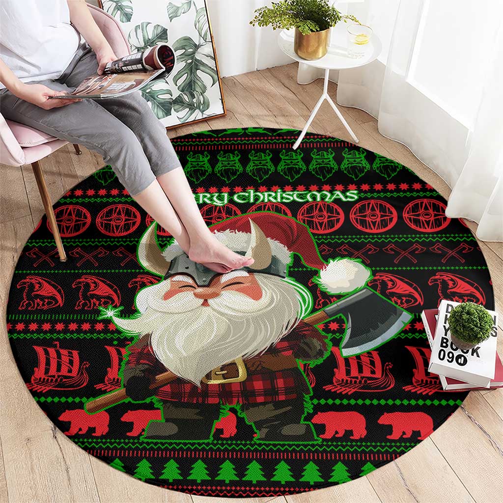 Viking Christmas Round Carpet with Santa Warrior Axe Nordic Symbols Red Green Black Knit Pattern Design - Wonder Print Shop