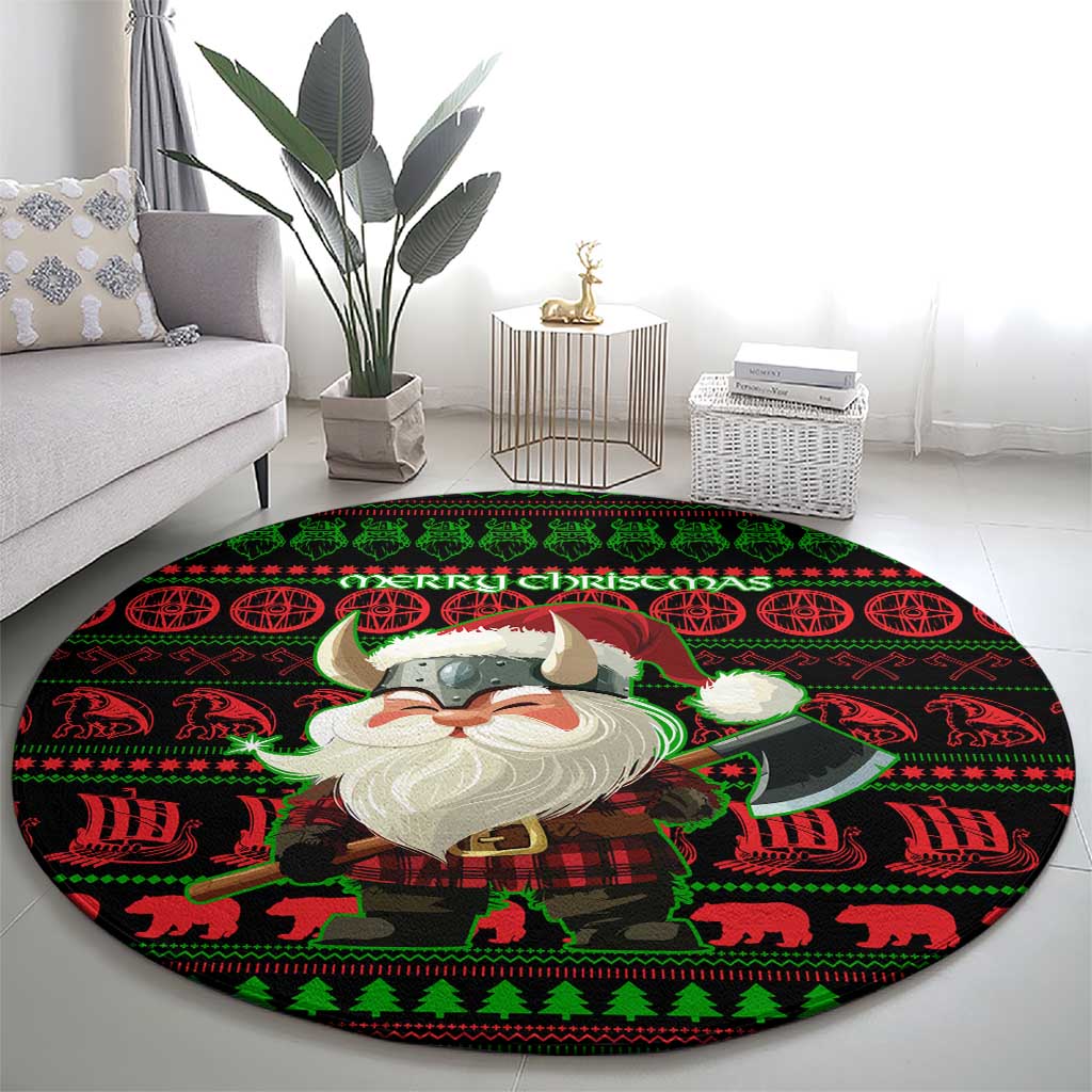Viking Christmas Round Carpet with Santa Warrior Axe Nordic Symbols Red Green Black Knit Pattern Design - Wonder Print Shop