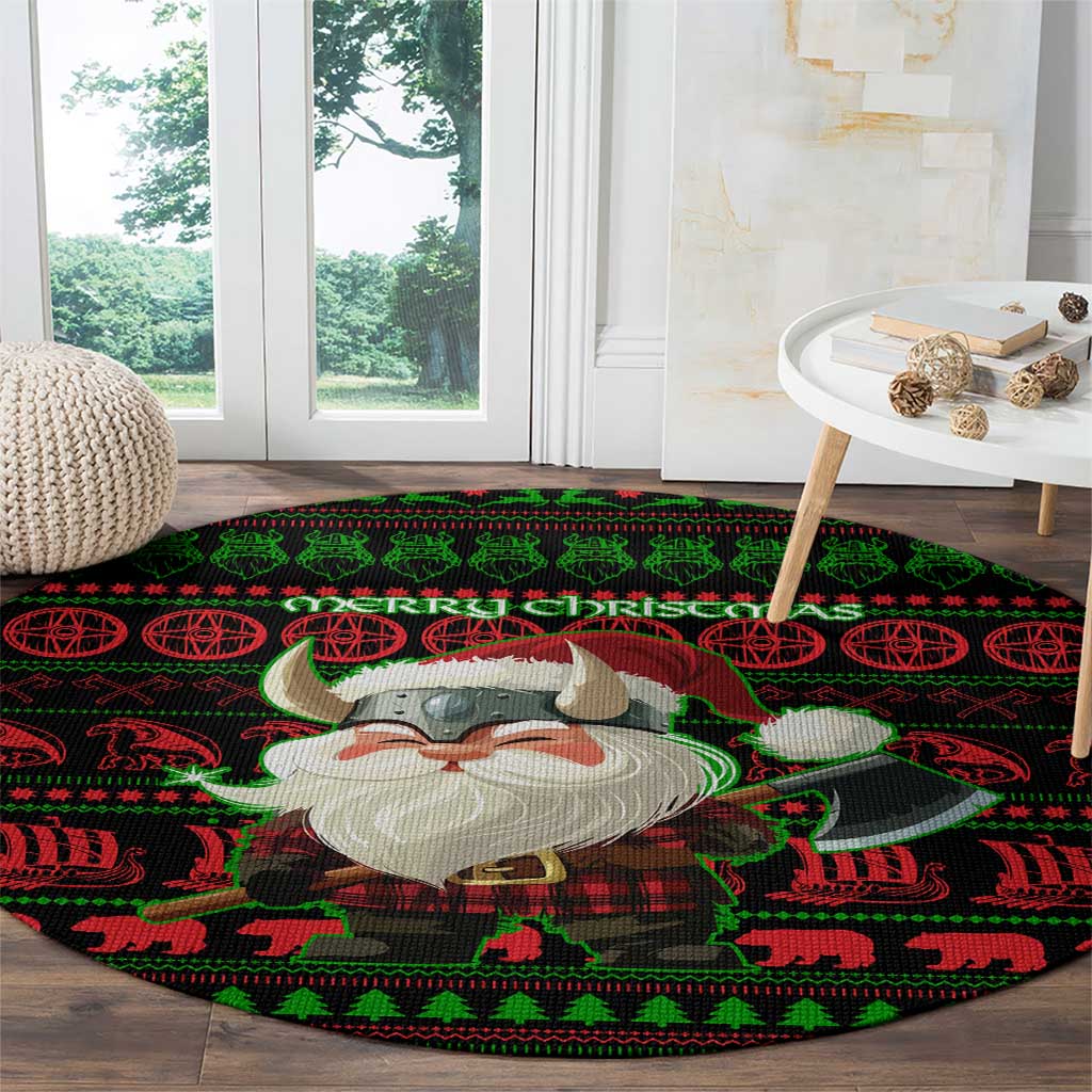 Viking Christmas Round Carpet with Santa Warrior Axe Nordic Symbols Red Green Black Knit Pattern Design - Wonder Print Shop