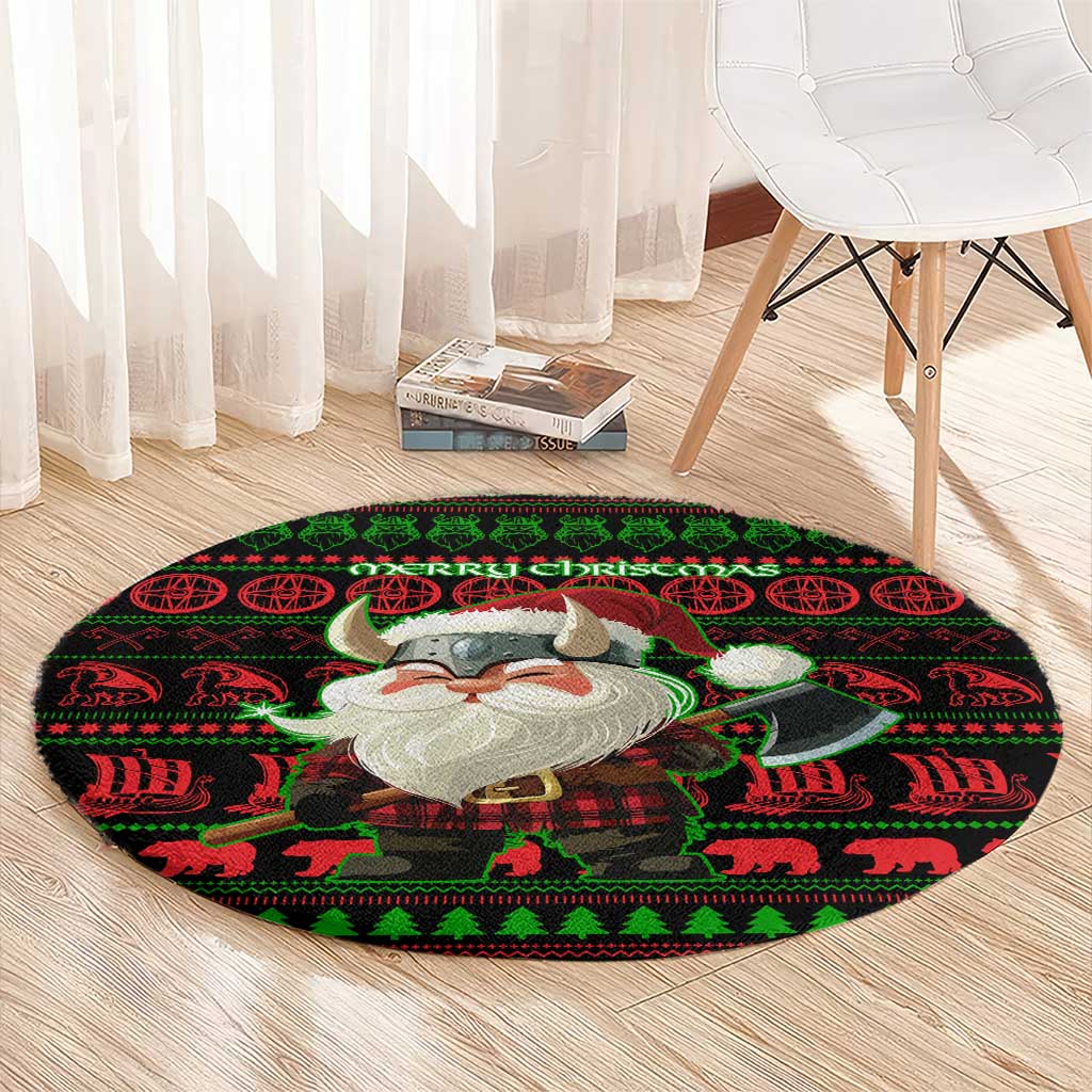 Viking Christmas Round Carpet with Santa Warrior Axe Nordic Symbols Red Green Black Knit Pattern Design - Wonder Print Shop