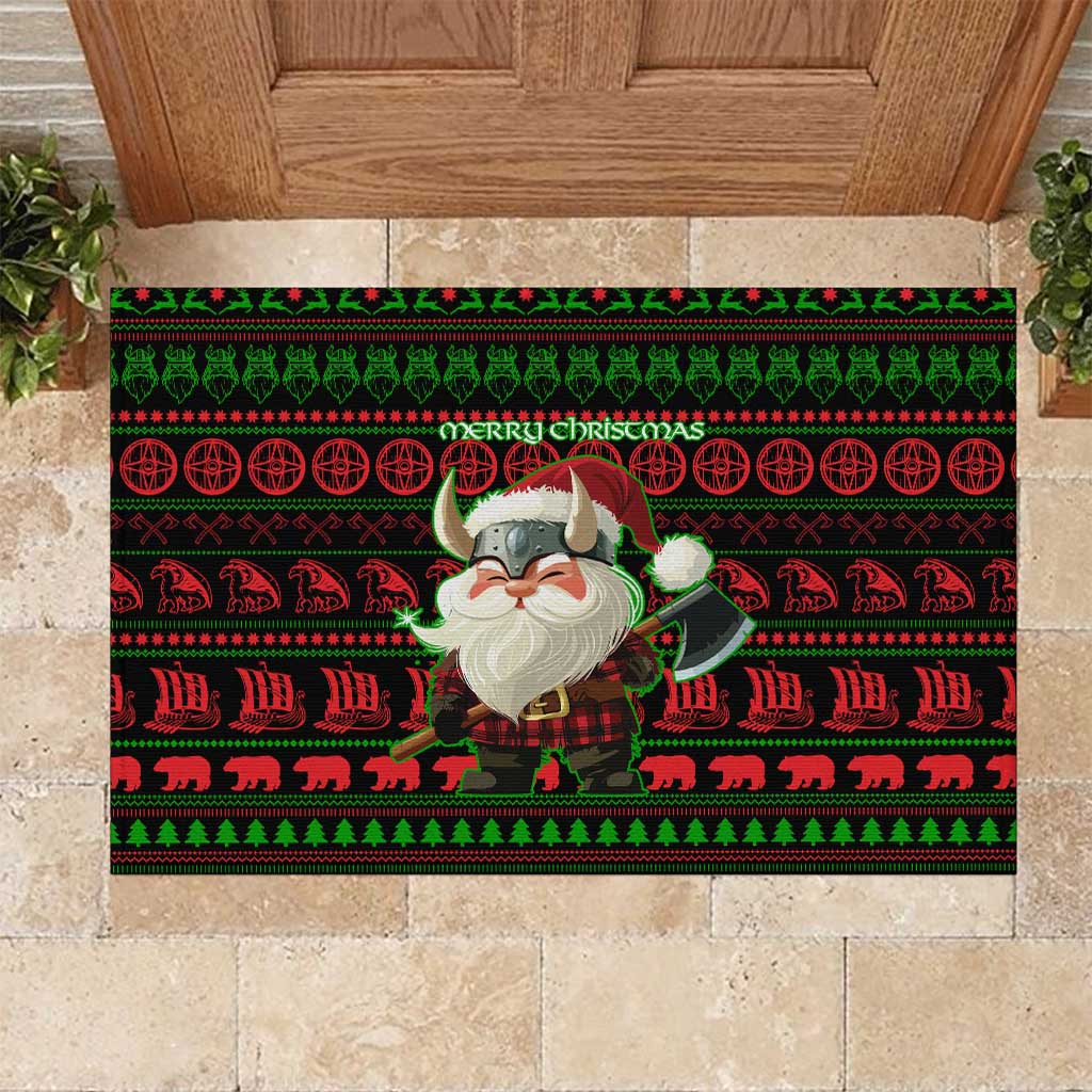 Viking Christmas Rubber Doormat with Santa Warrior Axe Nordic Symbols Red Green Black Knit Pattern Design - Wonder Print Shop
