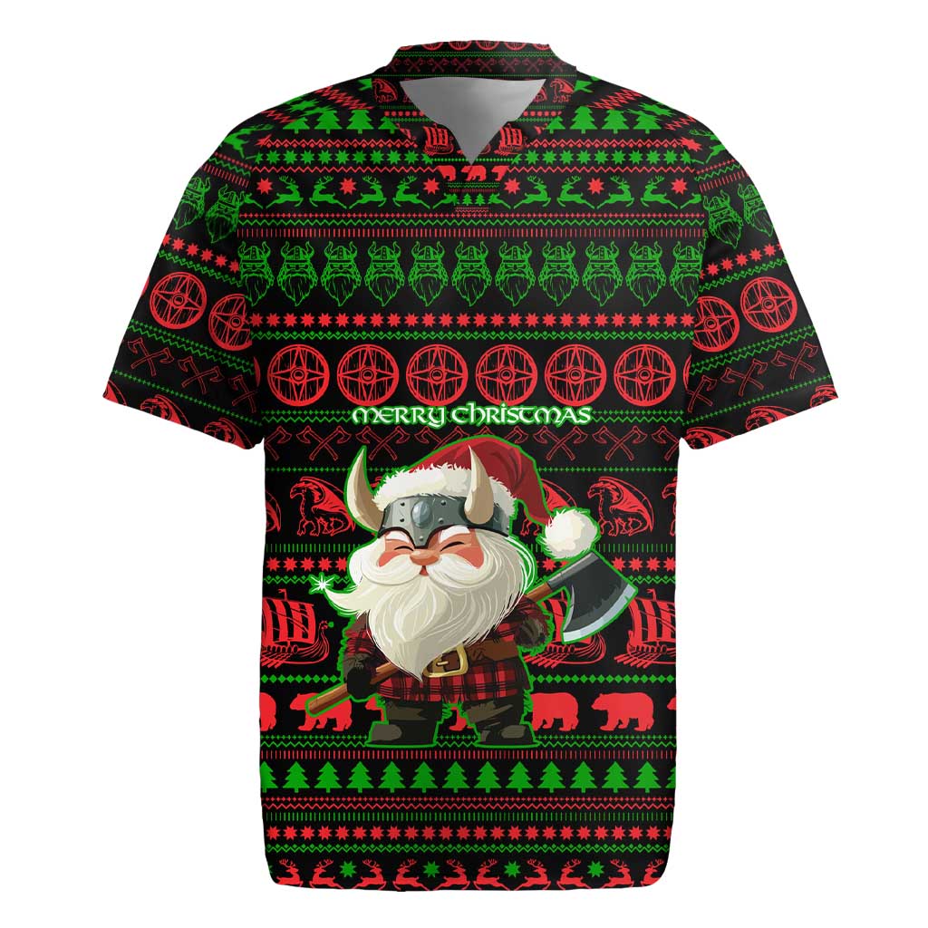 Viking Christmas Rugby Jersey with Santa Warrior Axe Nordic Symbols Red Green Black Knit Pattern Design - Wonder Print Shop