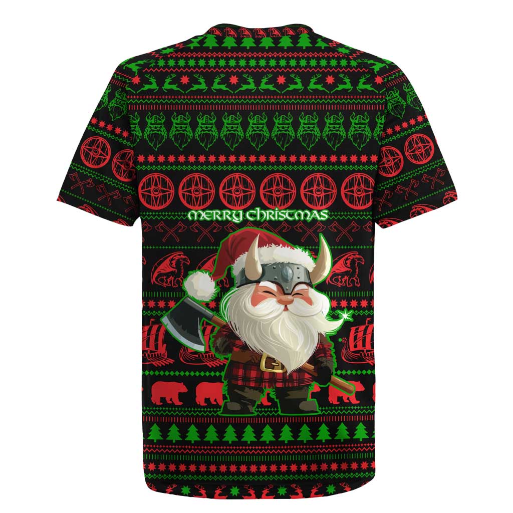 Viking Christmas Rugby Jersey with Santa Warrior Axe Nordic Symbols Red Green Black Knit Pattern Design - Wonder Print Shop