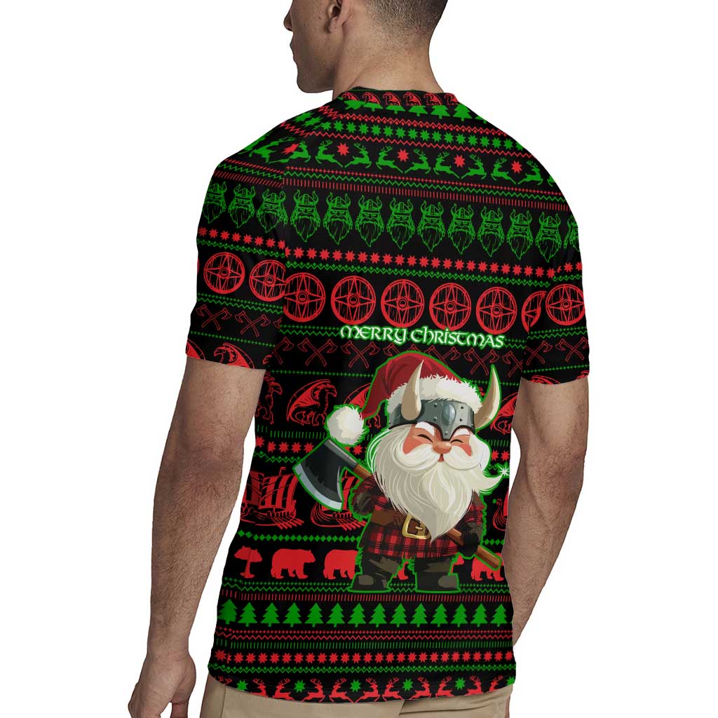 Viking Christmas Rugby Jersey with Santa Warrior Axe Nordic Symbols Red Green Black Knit Pattern Design - Wonder Print Shop