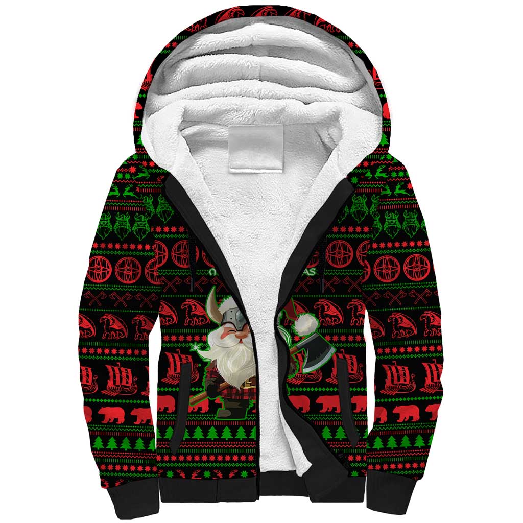 Viking Christmas Sherpa Hoodie with Santa Warrior Axe Nordic Symbols Red Green Black Knit Pattern Design - Wonder Print Shop