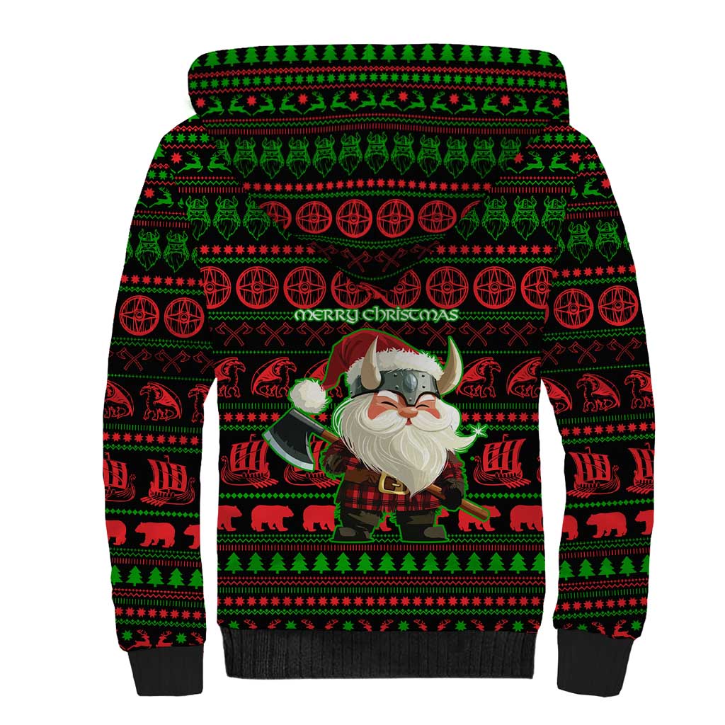 Viking Christmas Sherpa Hoodie with Santa Warrior Axe Nordic Symbols Red Green Black Knit Pattern Design - Wonder Print Shop