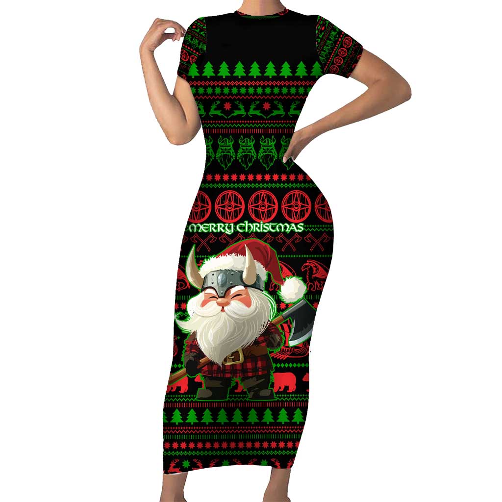 Viking Christmas Short Sleeve Bodycon Dress with Santa Warrior Axe Nordic Symbols Red Green Black Knit Pattern Design - Wonder Print Shop