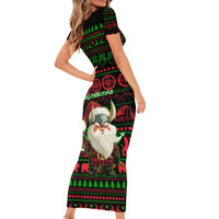 Viking Christmas Short Sleeve Bodycon Dress with Santa Warrior Axe Nordic Symbols Red Green Black Knit Pattern Design - Wonder Print Shop