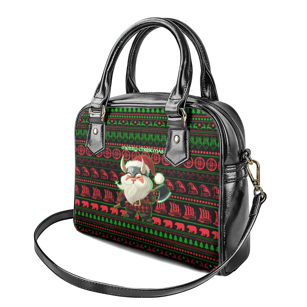 Viking Christmas Shoulder Handbag with Santa Warrior Axe Nordic Symbols Red Green Black Knit Pattern Design - Wonder Print Shop