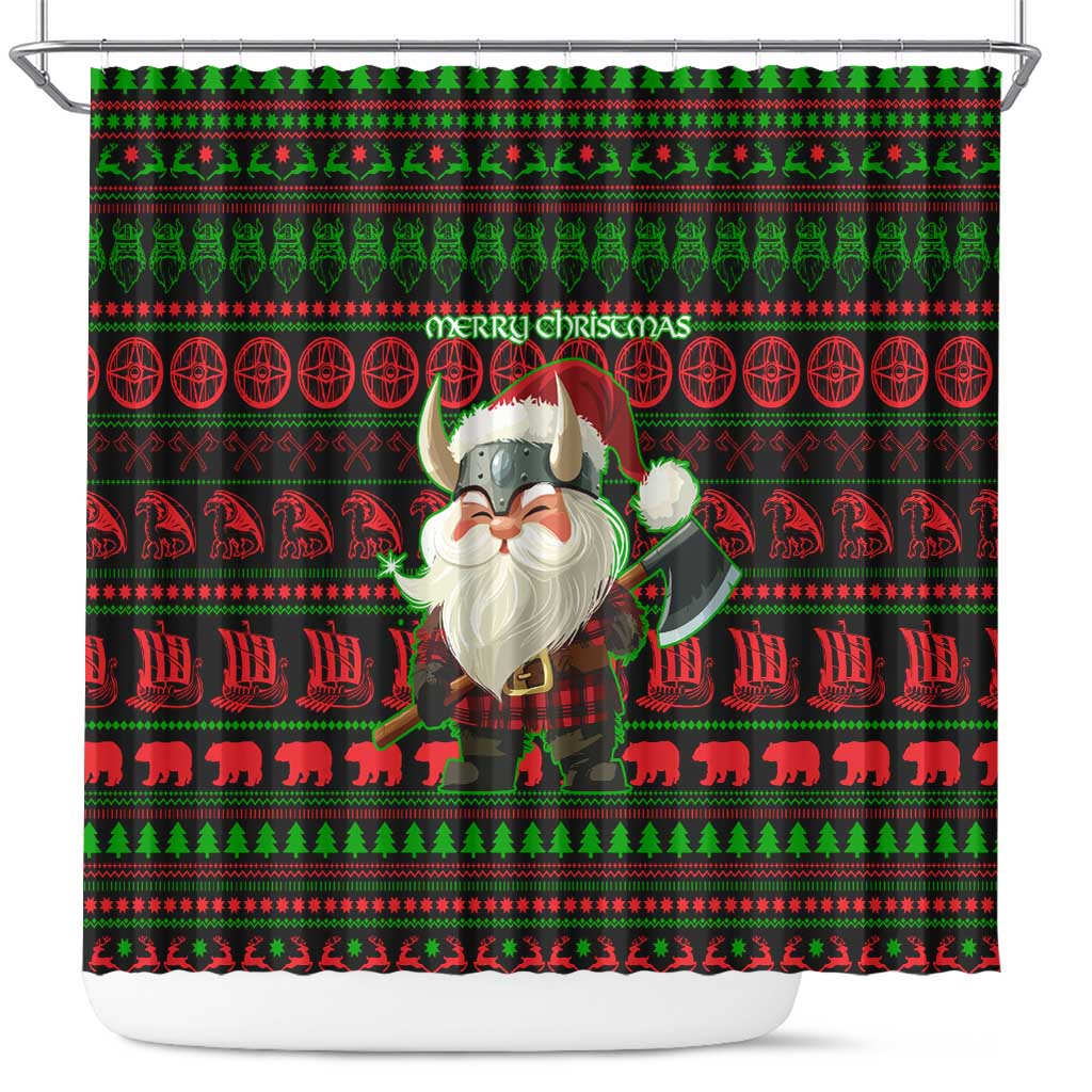 Viking Christmas Shower Curtain with Santa Warrior Axe Nordic Symbols Red Green Black Knit Pattern Design - Wonder Print Shop