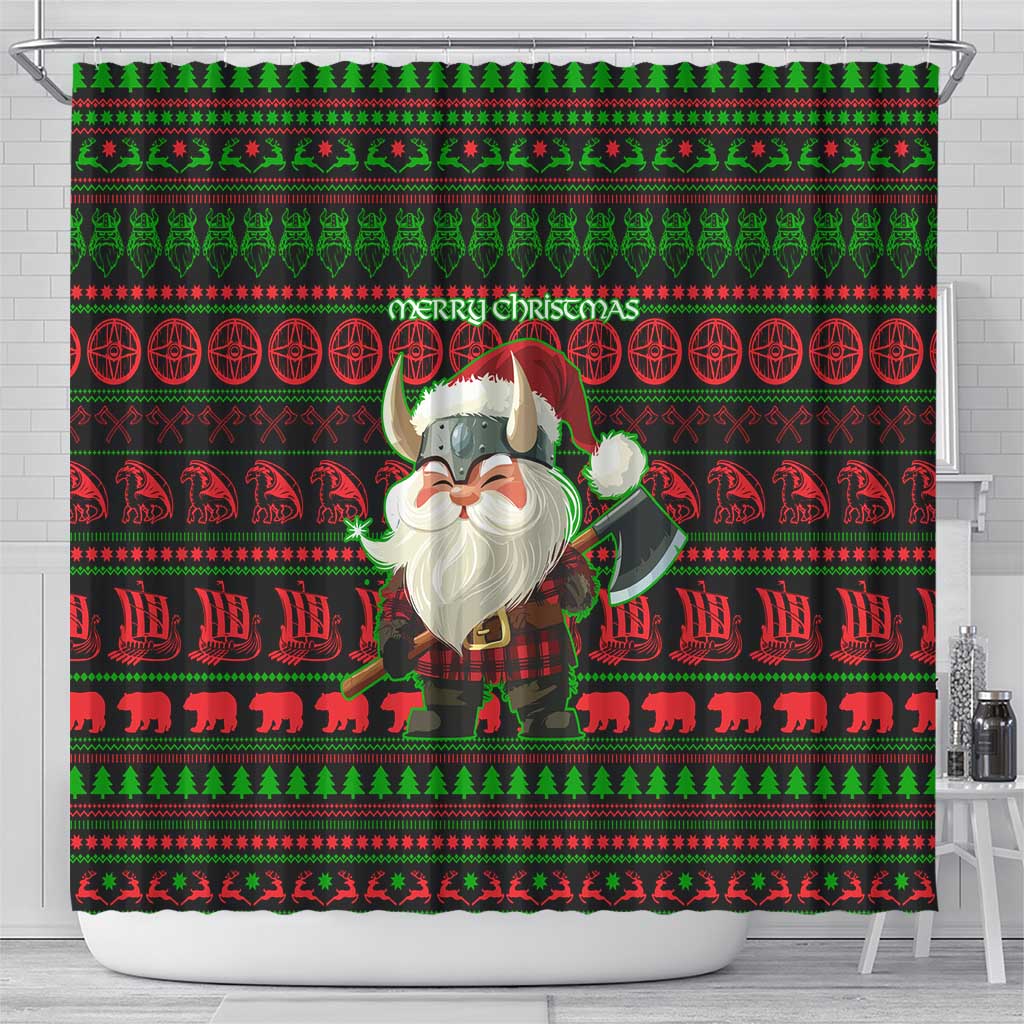 Viking Christmas Shower Curtain with Santa Warrior Axe Nordic Symbols Red Green Black Knit Pattern Design - Wonder Print Shop