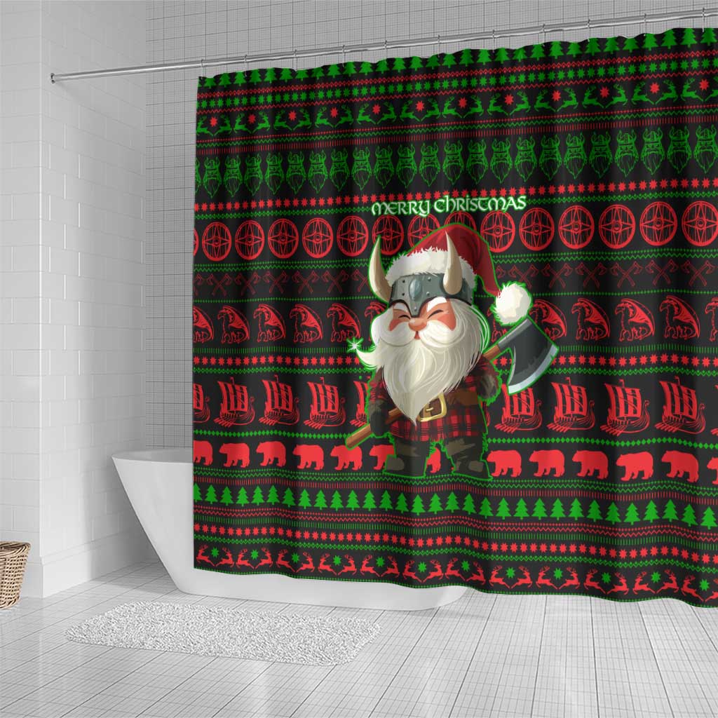 Viking Christmas Shower Curtain with Santa Warrior Axe Nordic Symbols Red Green Black Knit Pattern Design - Wonder Print Shop