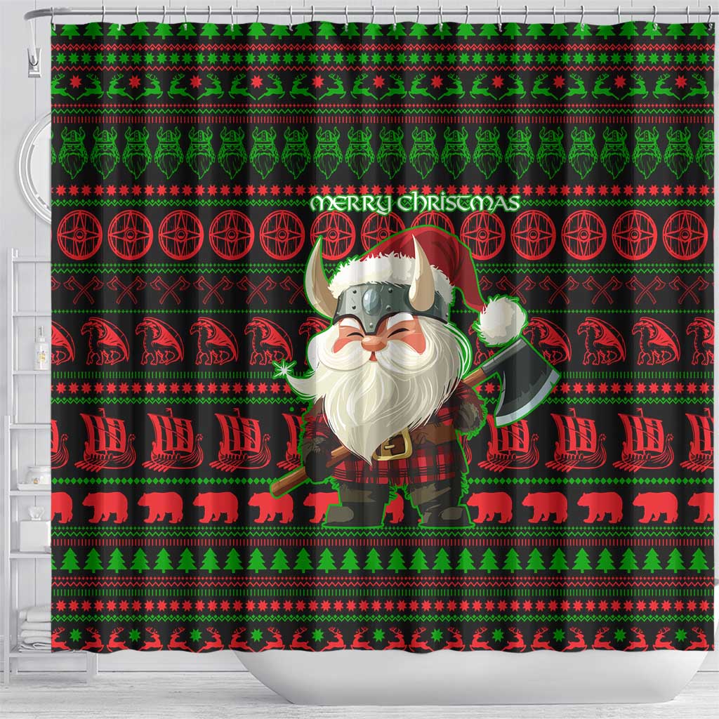 Viking Christmas Shower Curtain with Santa Warrior Axe Nordic Symbols Red Green Black Knit Pattern Design - Wonder Print Shop