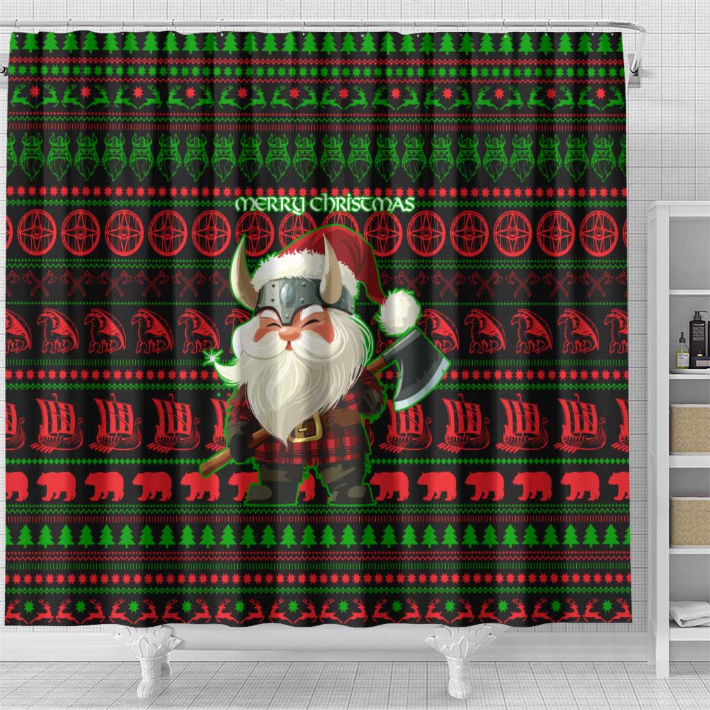 Viking Christmas Shower Curtain with Santa Warrior Axe Nordic Symbols Red Green Black Knit Pattern Design - Wonder Print Shop