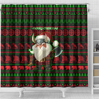 Viking Christmas Shower Curtain with Santa Warrior Axe Nordic Symbols Red Green Black Knit Pattern Design - Wonder Print Shop