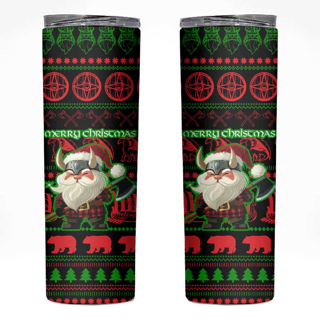 Viking Christmas Skinny Tumbler with Santa Warrior Axe Nordic Symbols Red Green Black Knit Pattern Design - Wonder Print Shop