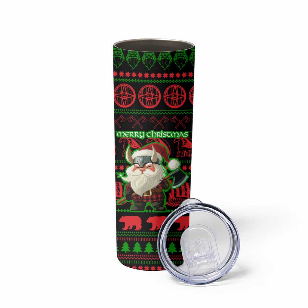 Viking Christmas Skinny Tumbler with Santa Warrior Axe Nordic Symbols Red Green Black Knit Pattern Design - Wonder Print Shop