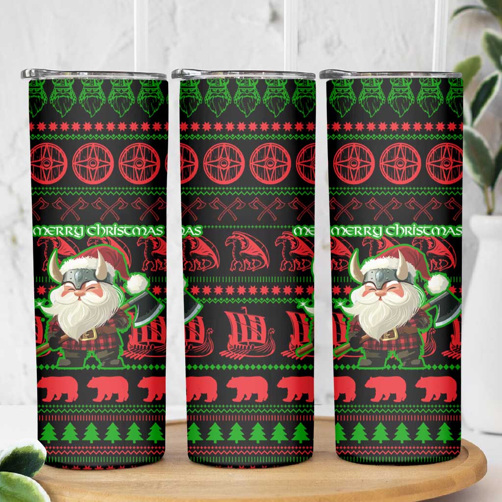 Viking Christmas Skinny Tumbler with Santa Warrior Axe Nordic Symbols Red Green Black Knit Pattern Design - Wonder Print Shop