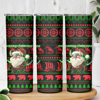 Viking Christmas Skinny Tumbler with Santa Warrior Axe Nordic Symbols Red Green Black Knit Pattern Design - Wonder Print Shop